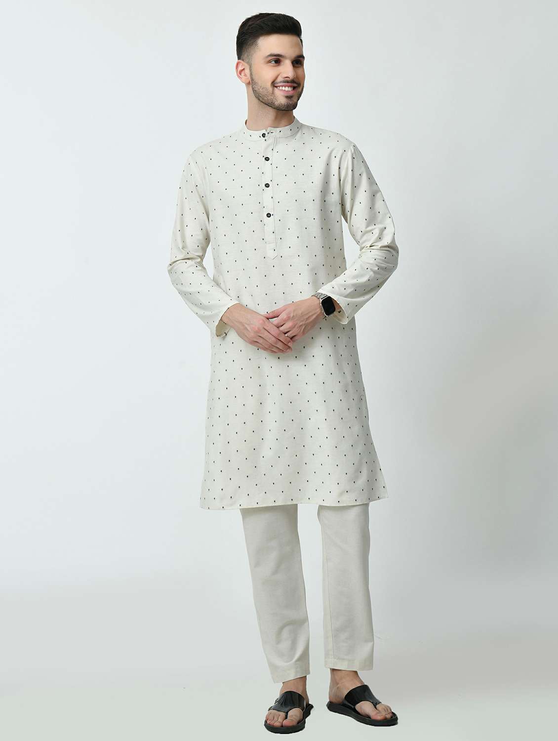 men printed mandarin neck long kurta