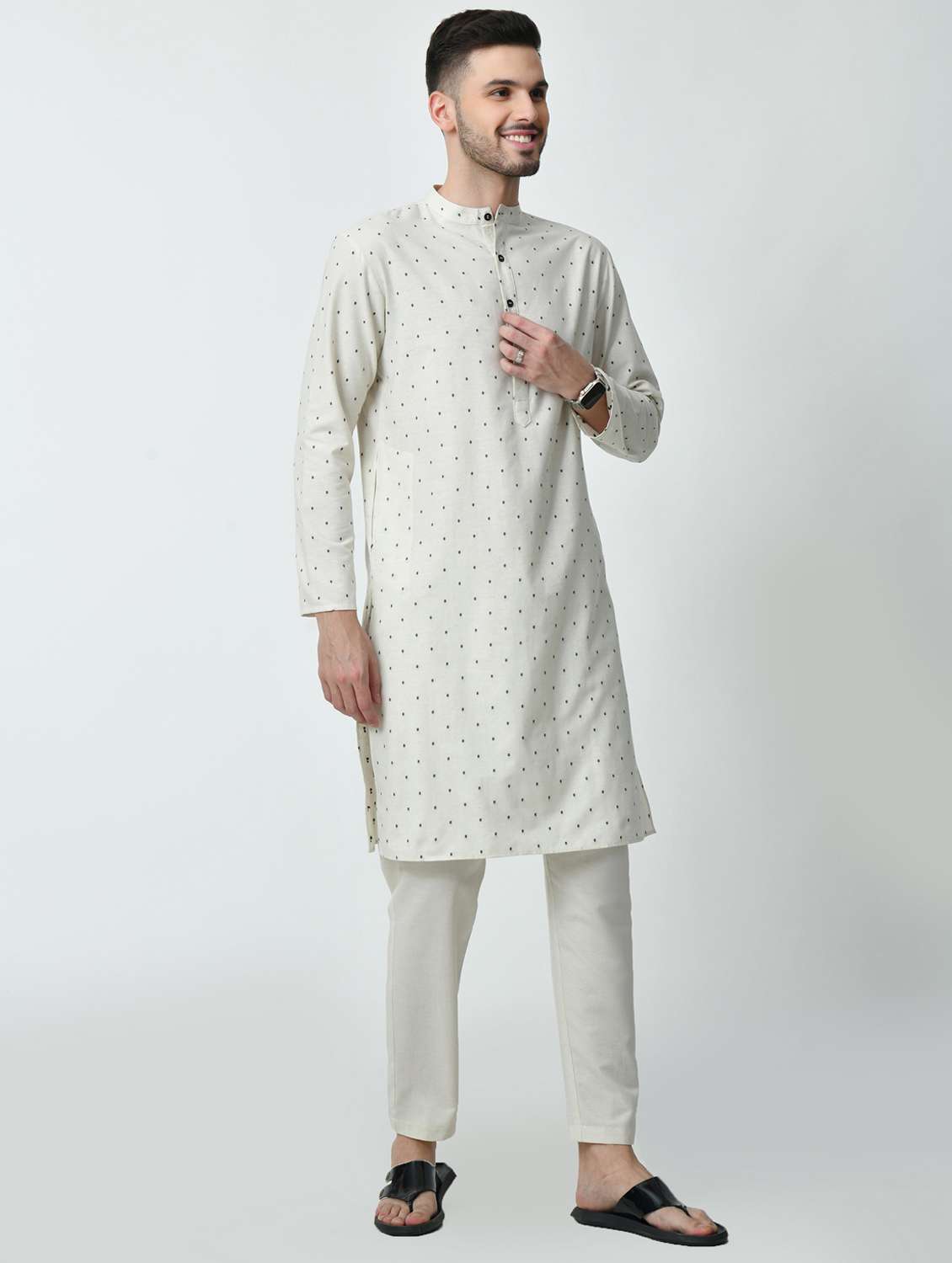 men printed mandarin neck long kurta - 21841539 - Standard Image - 2