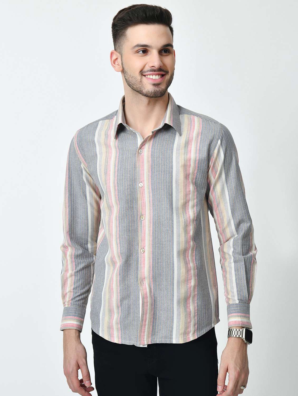 men striped long sleeve regular fit casual shirt - 21841545 -  Zoom Image - 0