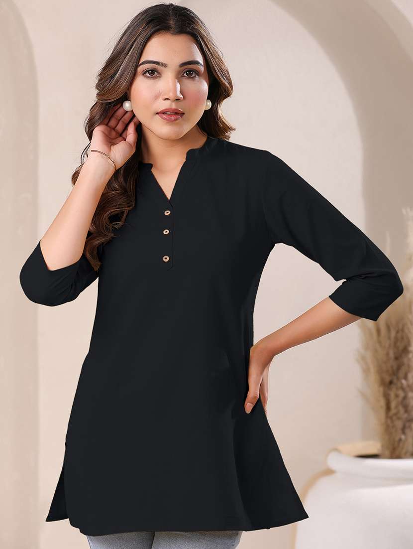 women black three quarter sleeves straight kurti - 21842909 -  Standard Image - 2
