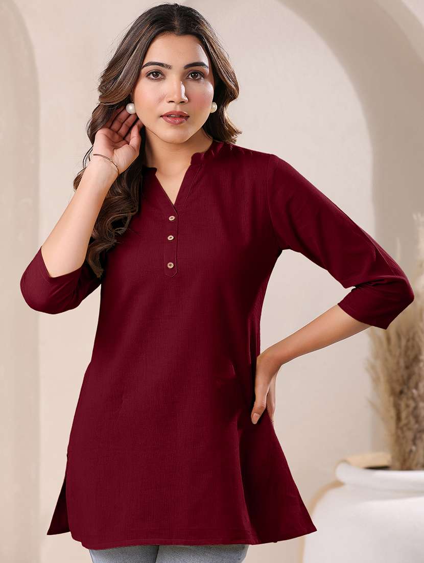 women maroon three quarter sleeves straight kurti - 21842911 - Standard Image - 2