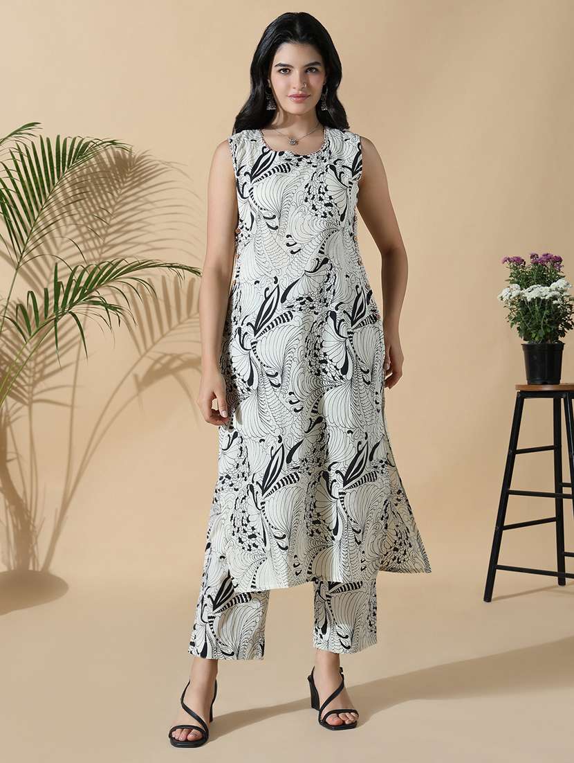 women off white printed sleeveless kurta pant set