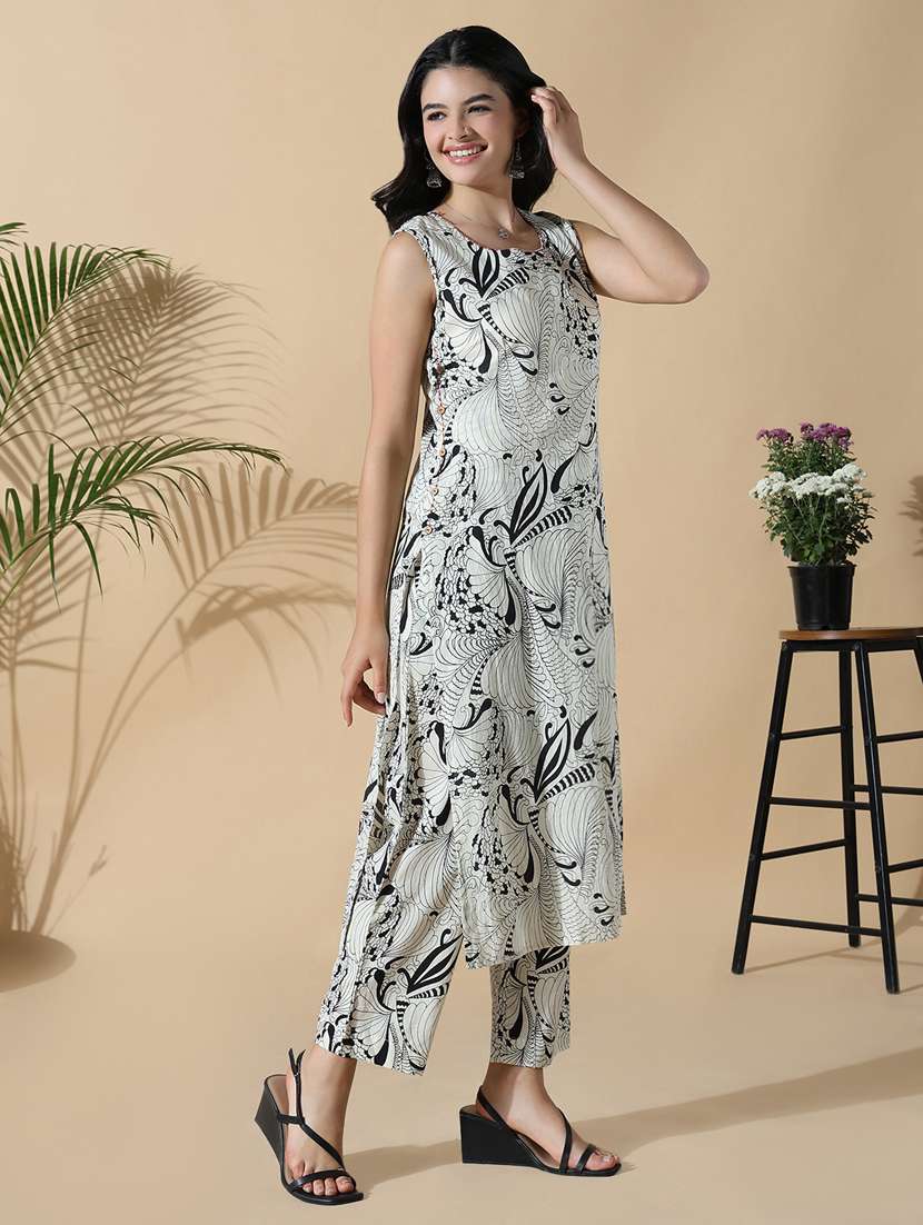 women off white printed sleeveless kurta pant set - 21842932 -  Standard Image - 2