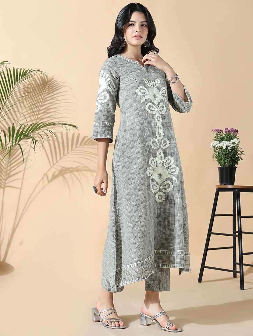 women grey three quarter sleeve kurta pant set - 21842933 -  Standard Image - 2