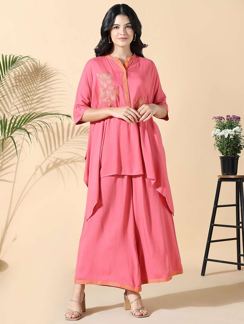 women pink embroidered kurta palazzo set 