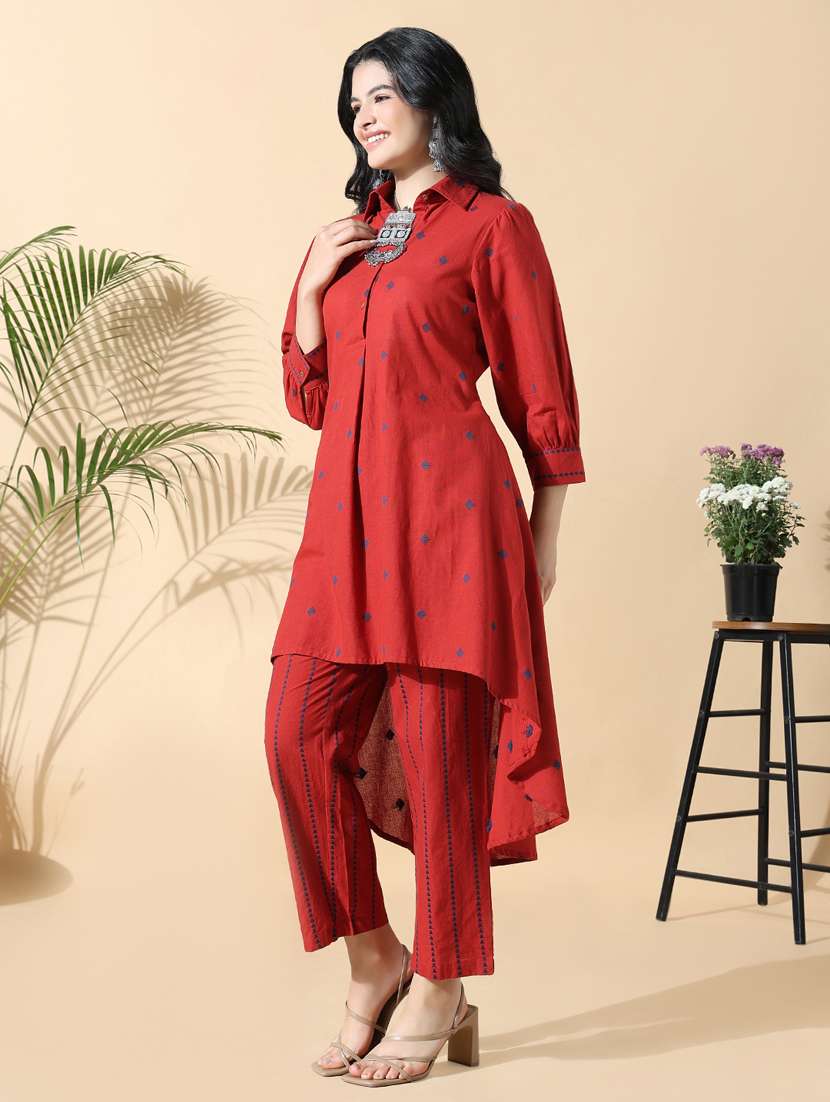 women red three quarter sleeve kurta pant set - 21842943 -  Standard Image - 2