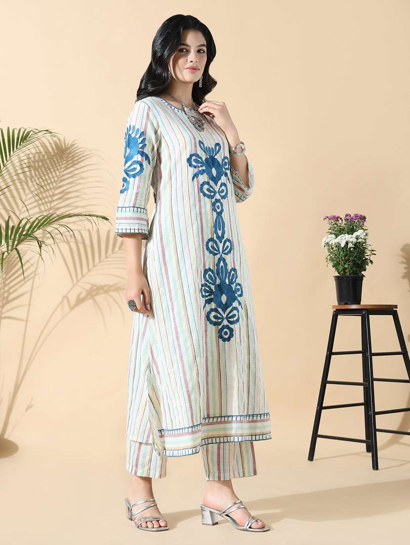 women embroidered three quarter sleeve kurta pant set - 21842948 -  Standard Image - 2