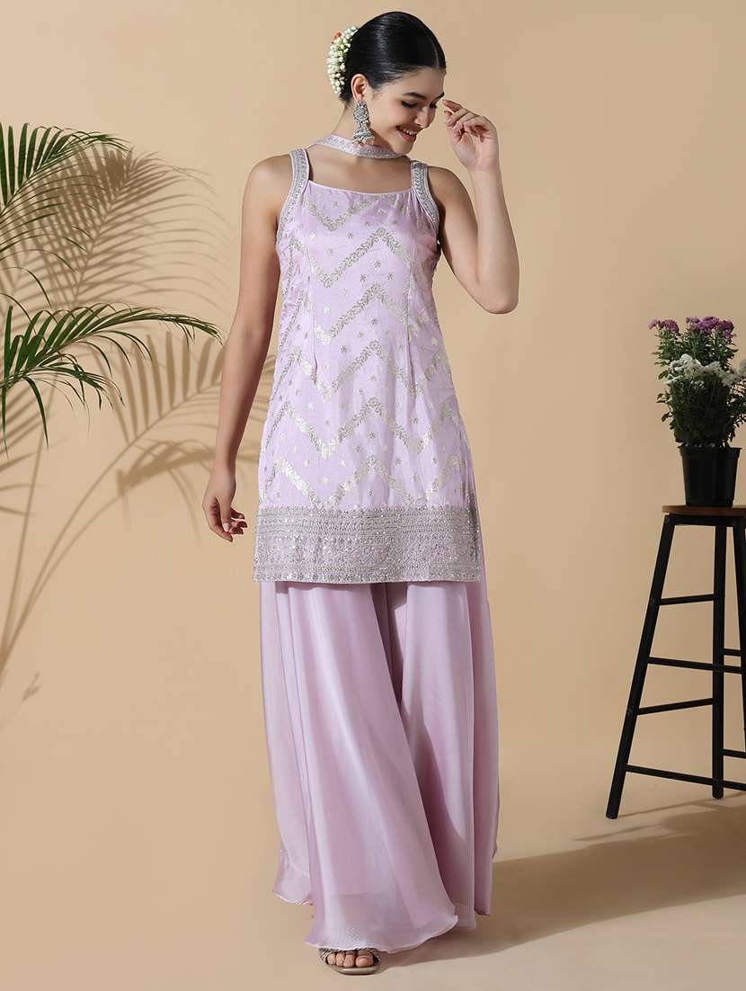 women lavender shoulder strap kurta palazzo set 