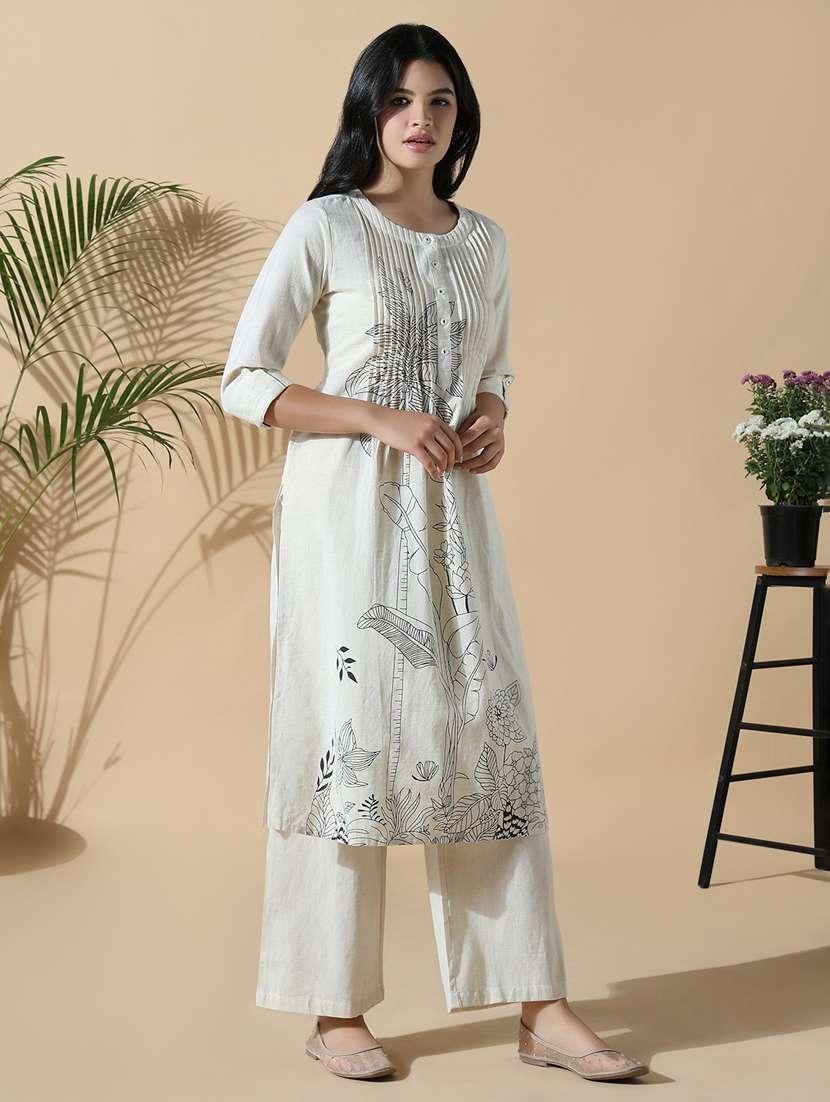 women off white three quarter sleeve kurta pant set - 21842956 -  Standard Image - 2
