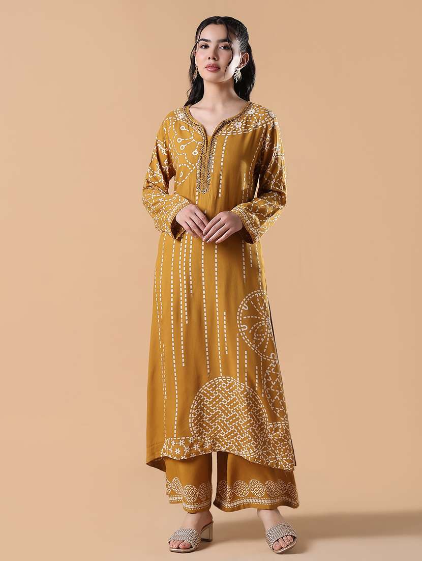women mustard long sleeve kurta palazzo set
