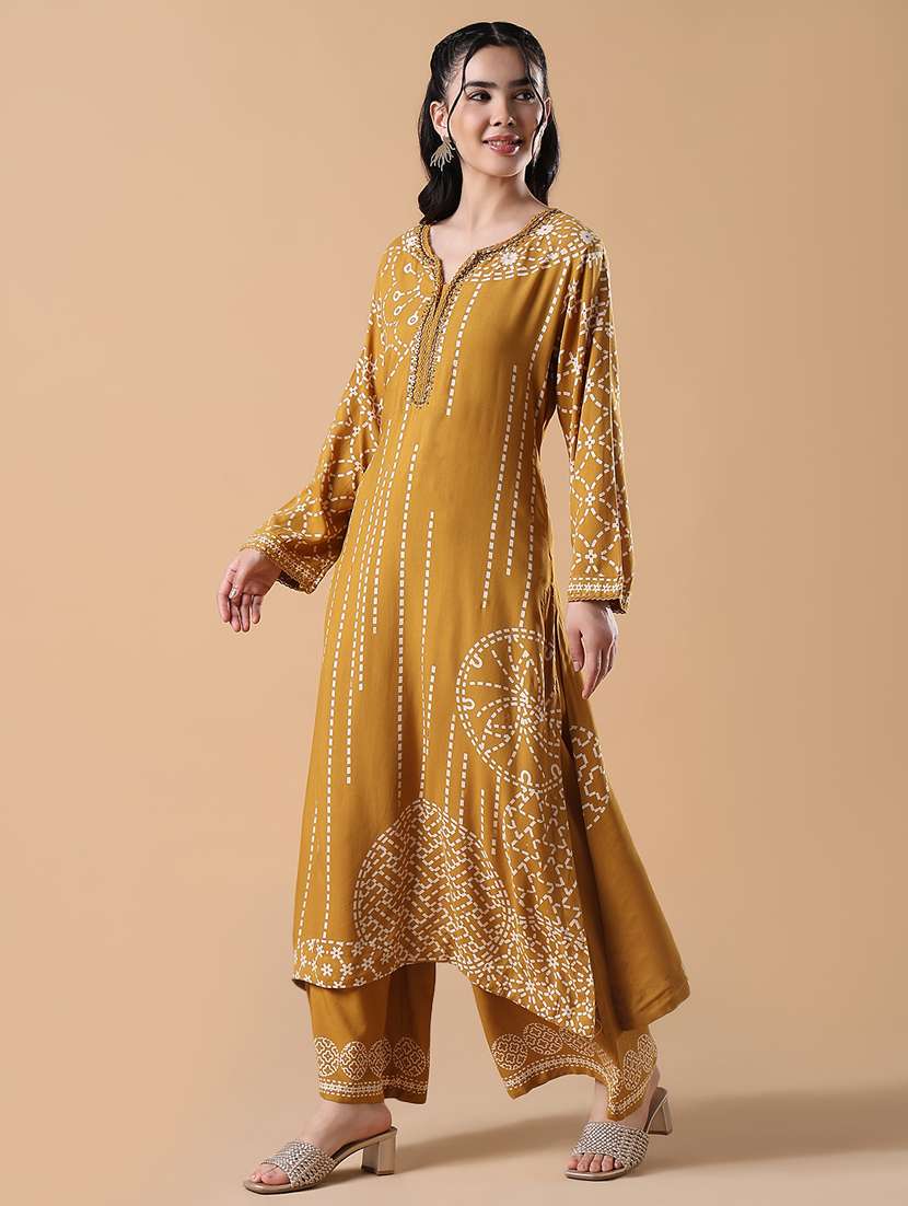 women mustard long sleeve kurta palazzo set - 21842961 -  Standard Image - 2