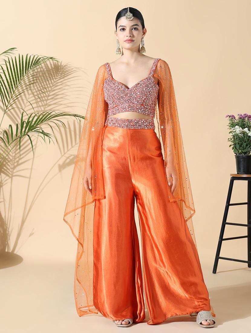 women orange embroidered long sleeve fusion set - 21842969 - Standard Image - 2