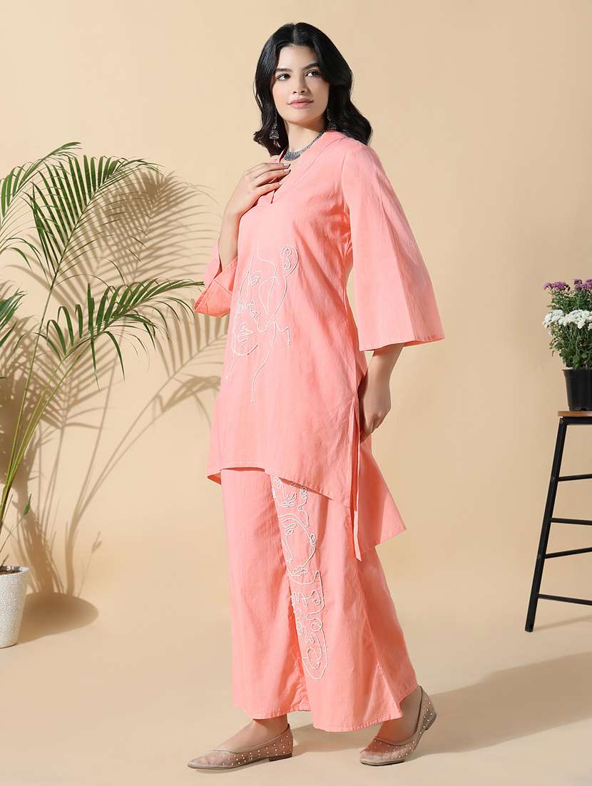 women peach embroidered kurta palazzo set  - 21842973 -  Standard Image - 2