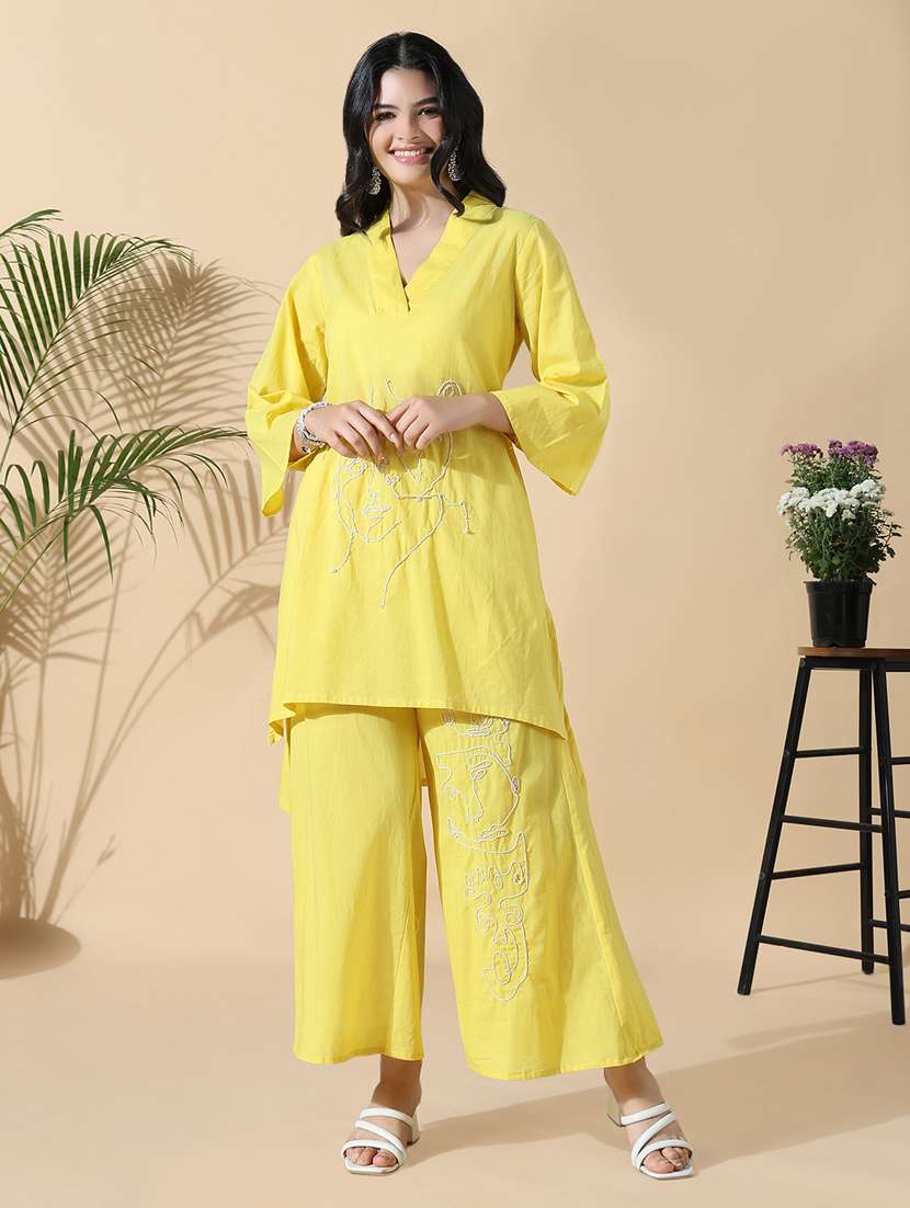 women yellow embroidered kurta palazzo set 