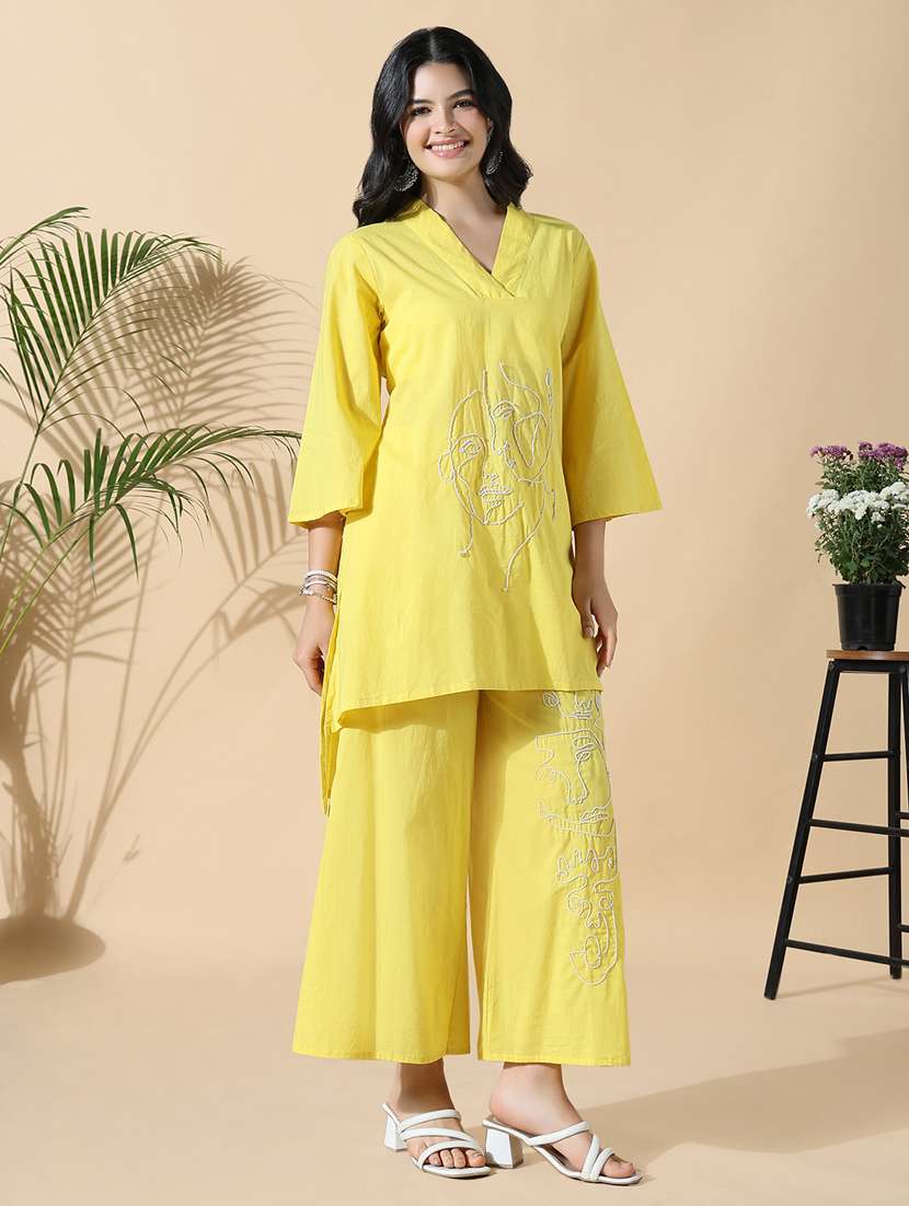 women yellow embroidered kurta palazzo set - 21842974 - Standard Image - 2