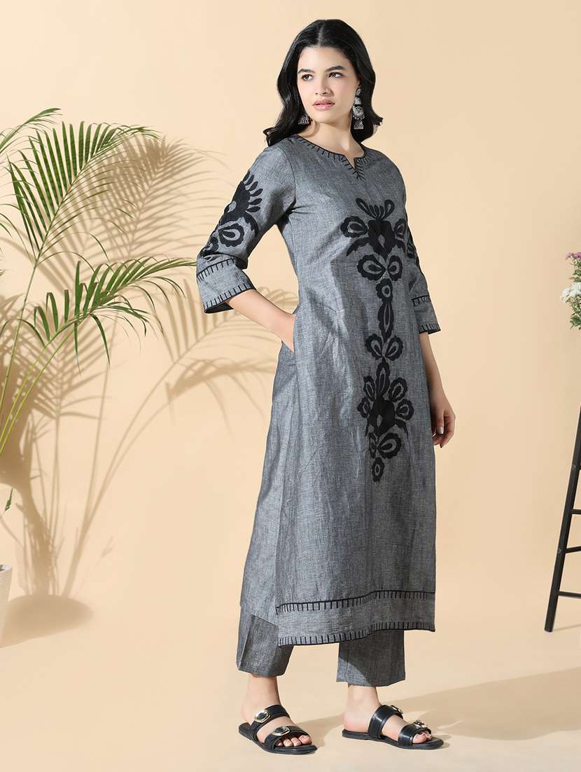 women grey three quarter sleeve kurta pant set - 21842985 -  Standard Image - 2
