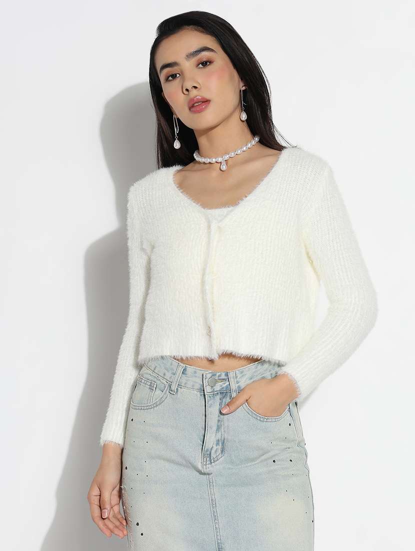 women solid long sleeves crop cardigan