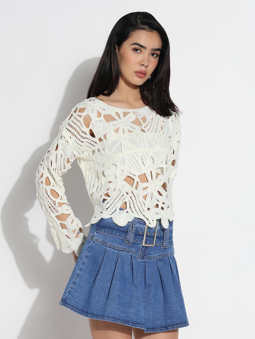 women long sleeves crochet crop top - 21842989 - Standard Image - 2