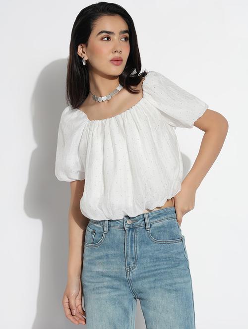 women embellished puff sleeves blouson top - 21842994 - Standard Image - 0