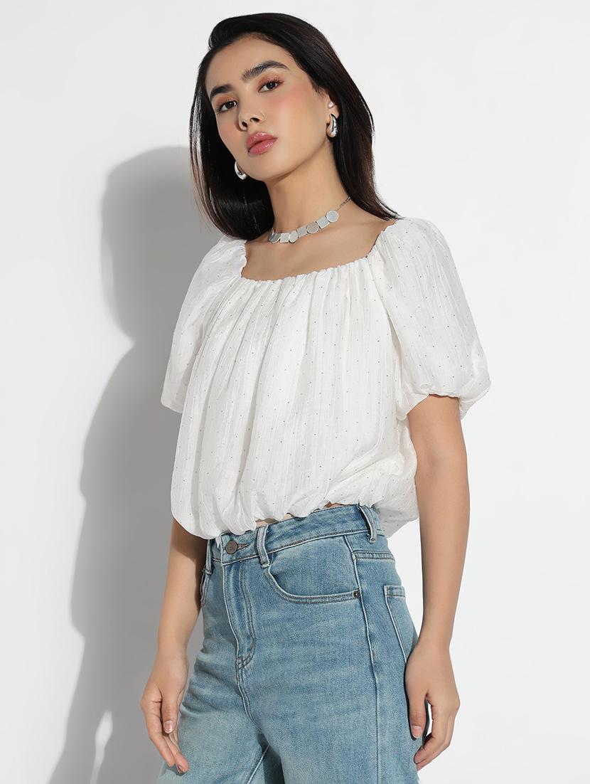 women embellished puff sleeves blouson top - 21842994 - Standard Image - 2