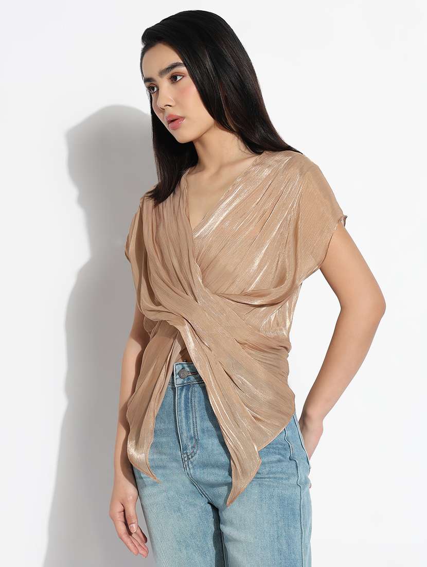 women solid overlap neck asymmetric top - 21842995 -  Standard Image - 2
