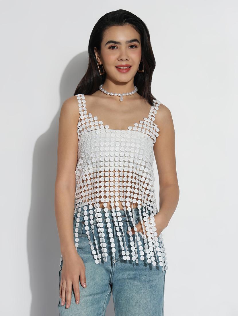 women solid shoulder strap sheer laec top - 21842998 - Zoom Image - 0