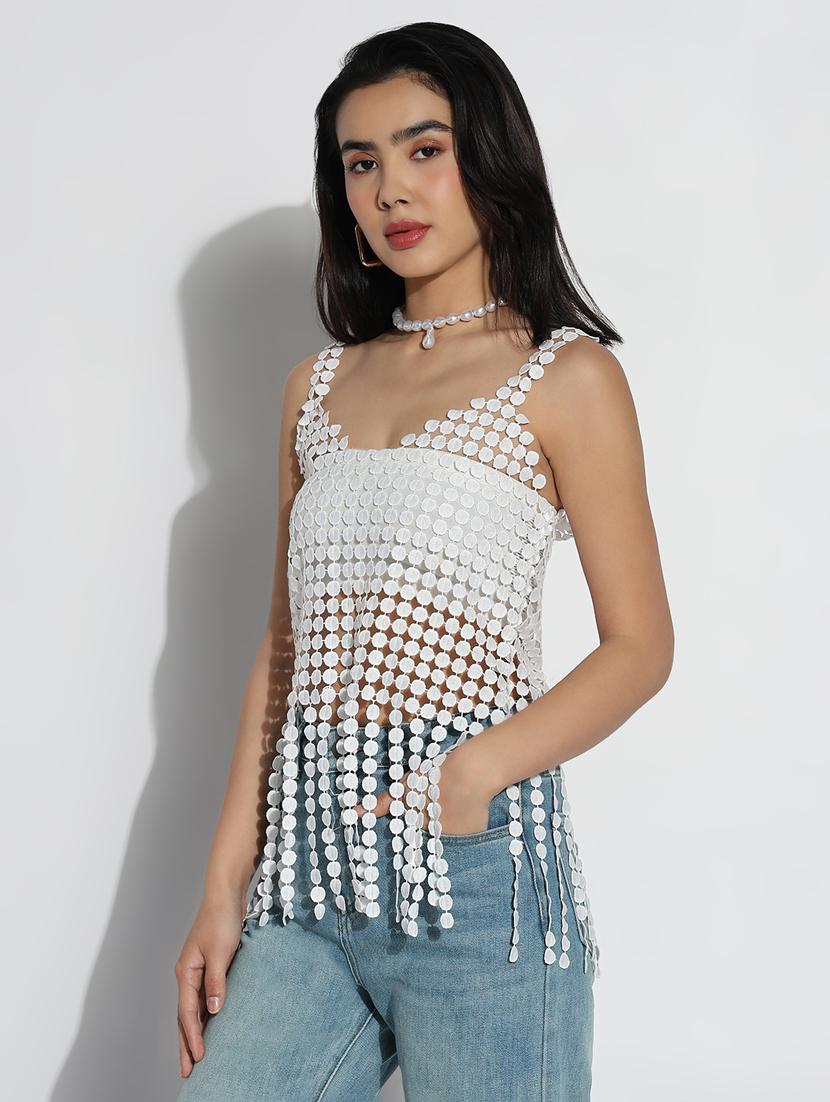women solid shoulder strap sheer laec top - 21842998 - Standard Image - 2