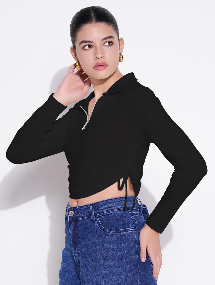 women solid collared ruched crop top - 21843006 - Standard Image - 2