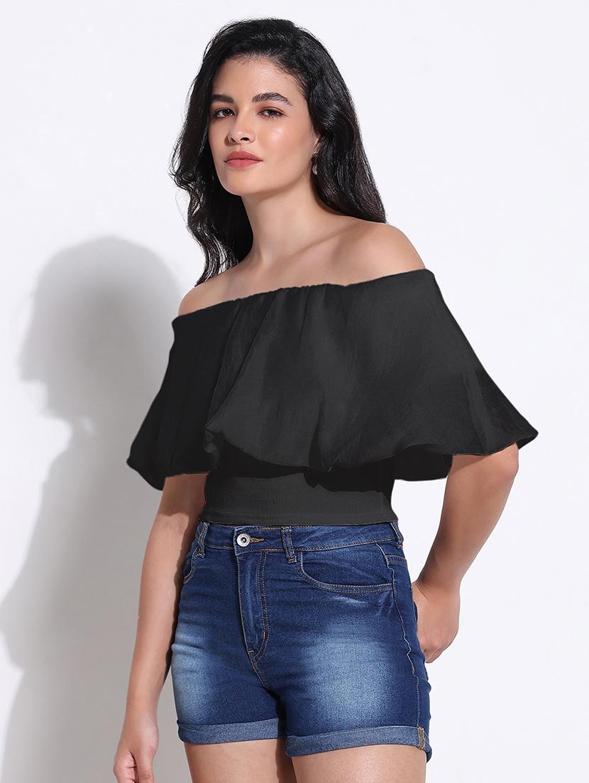 women solid off shoulder crop top - 21843012 - Standard Image - 2