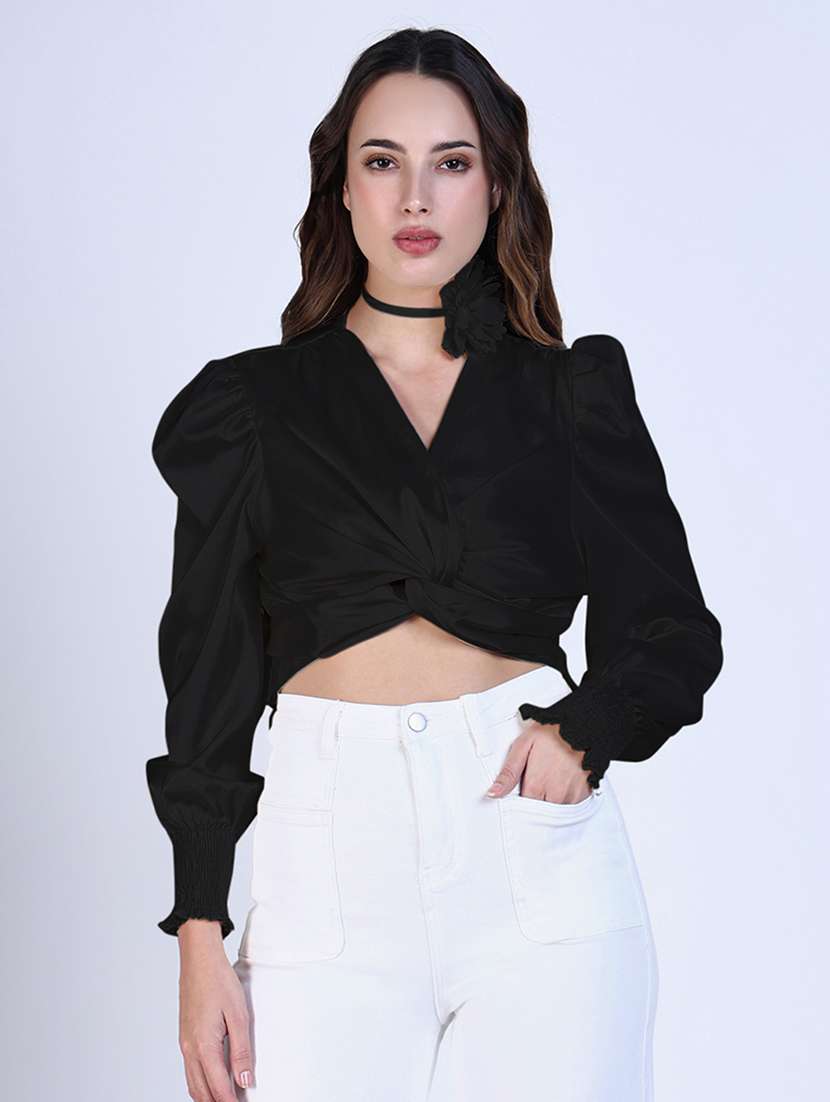 women solid puff sleeves crop top