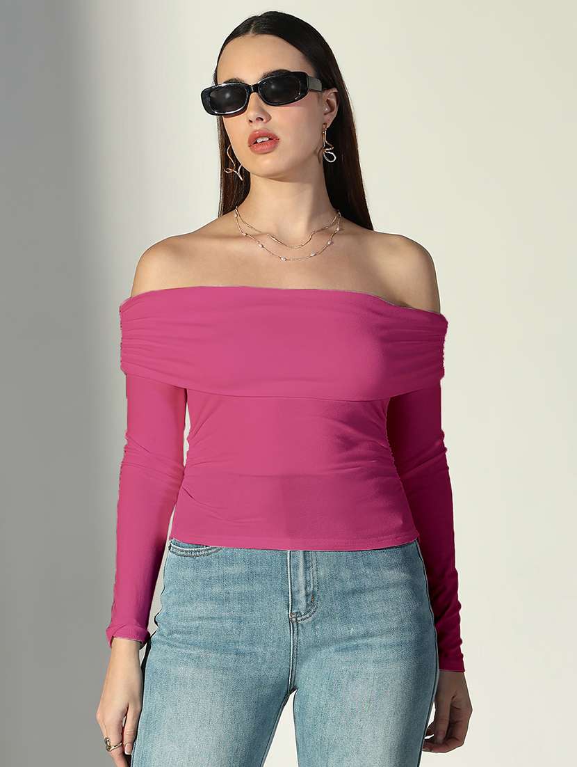 women solid off shouder long sleeves top