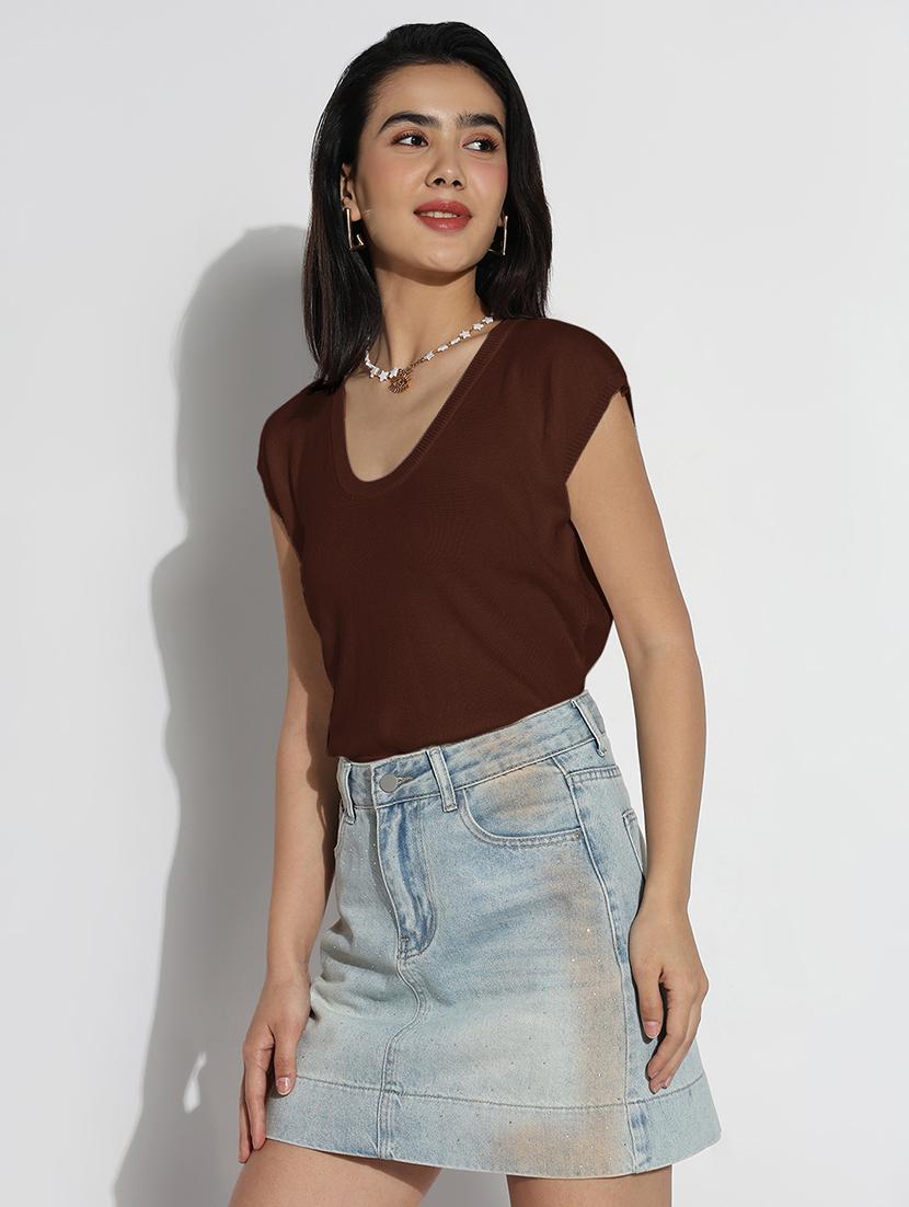 women solid cap sleeves regular top - 21843024 - Standard Image - 2