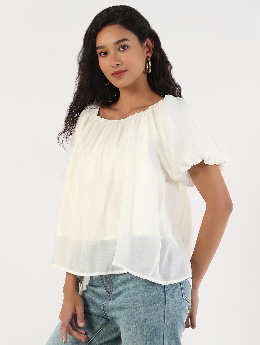 women solid puff sleeves regular top - 21843029 - Standard Image - 2