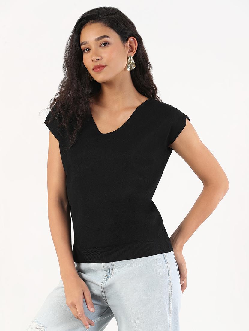 women solid cap sleeves regular top - 21843037 - Standard Image - 2