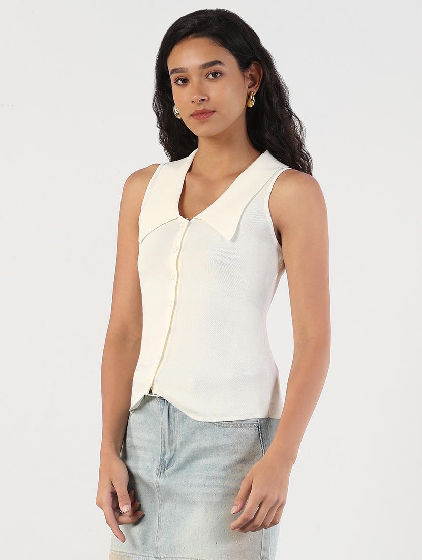 women solid sleeveless collared regular top - 21843043 - Standard Image - 2
