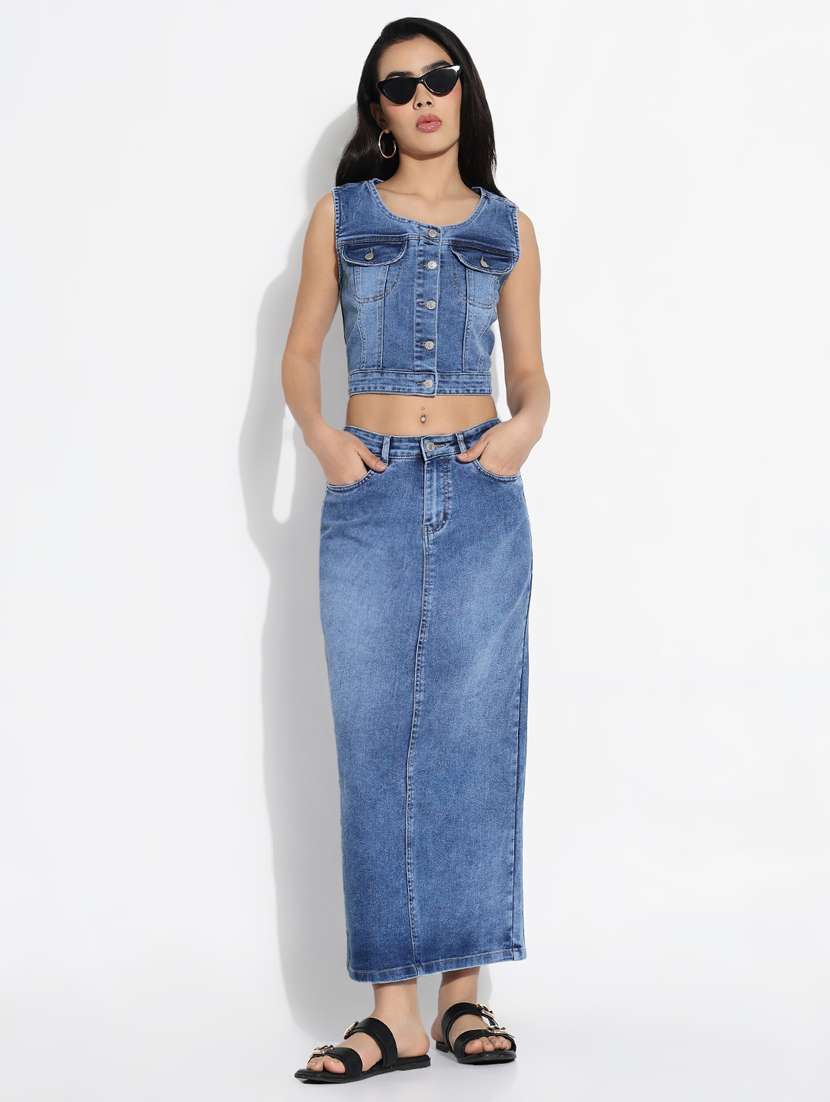 women solid denim top and skirt co-ord set