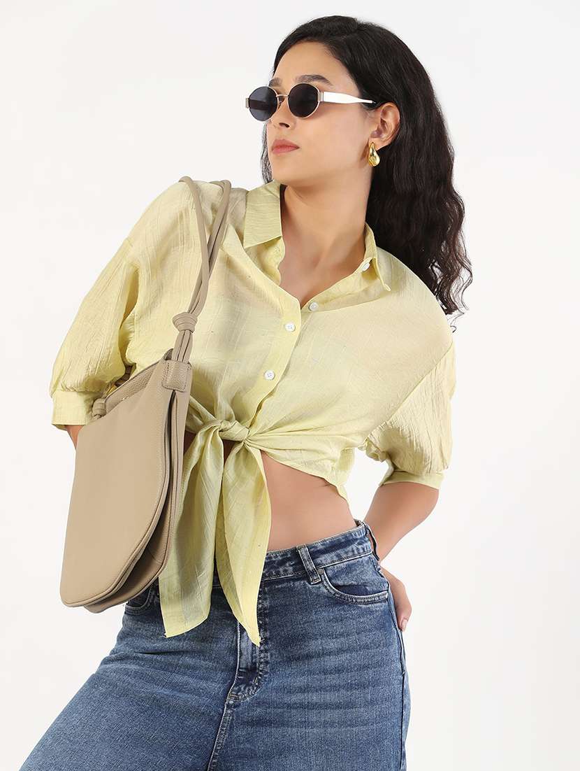 women solid puff sleeves crop shirt