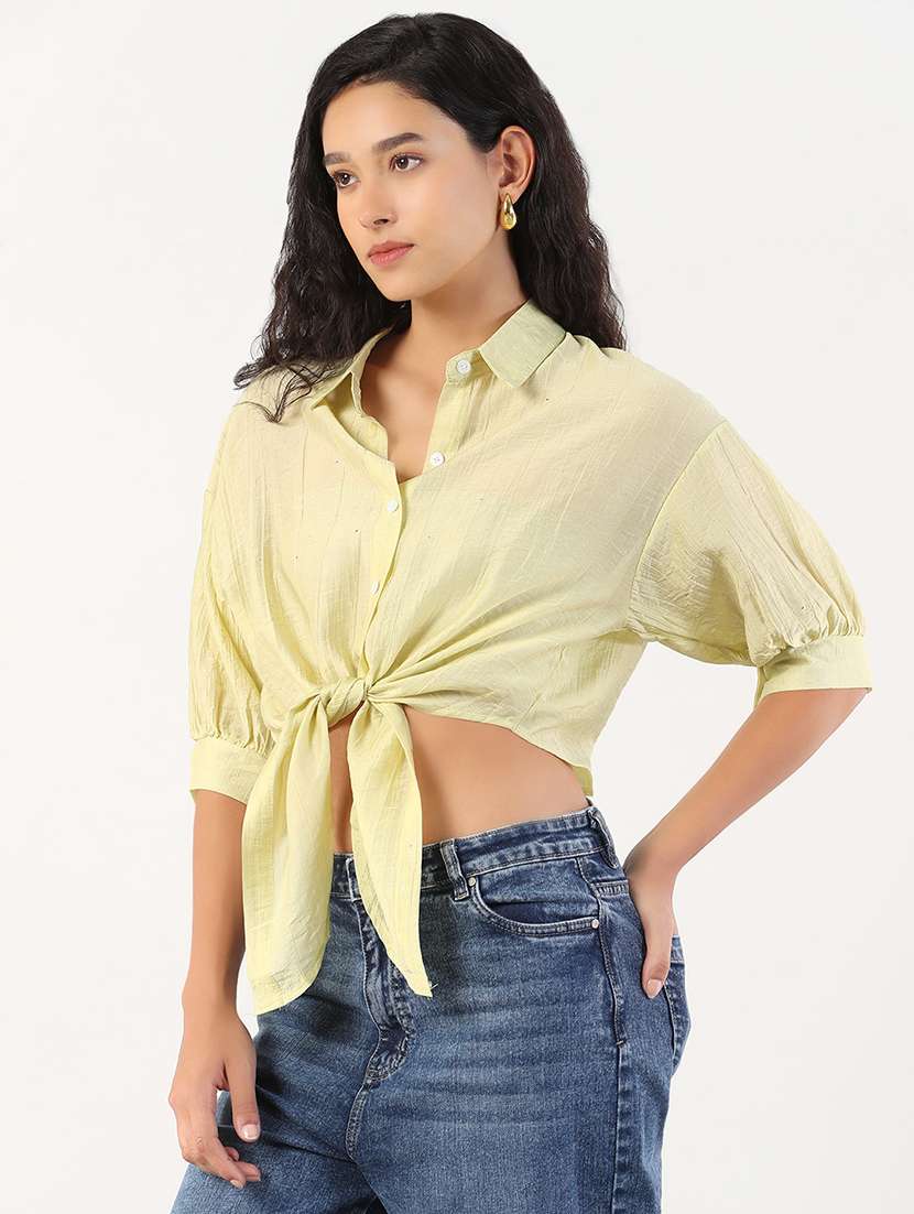 women solid puff sleeves crop shirt - 21843093 - Standard Image - 2