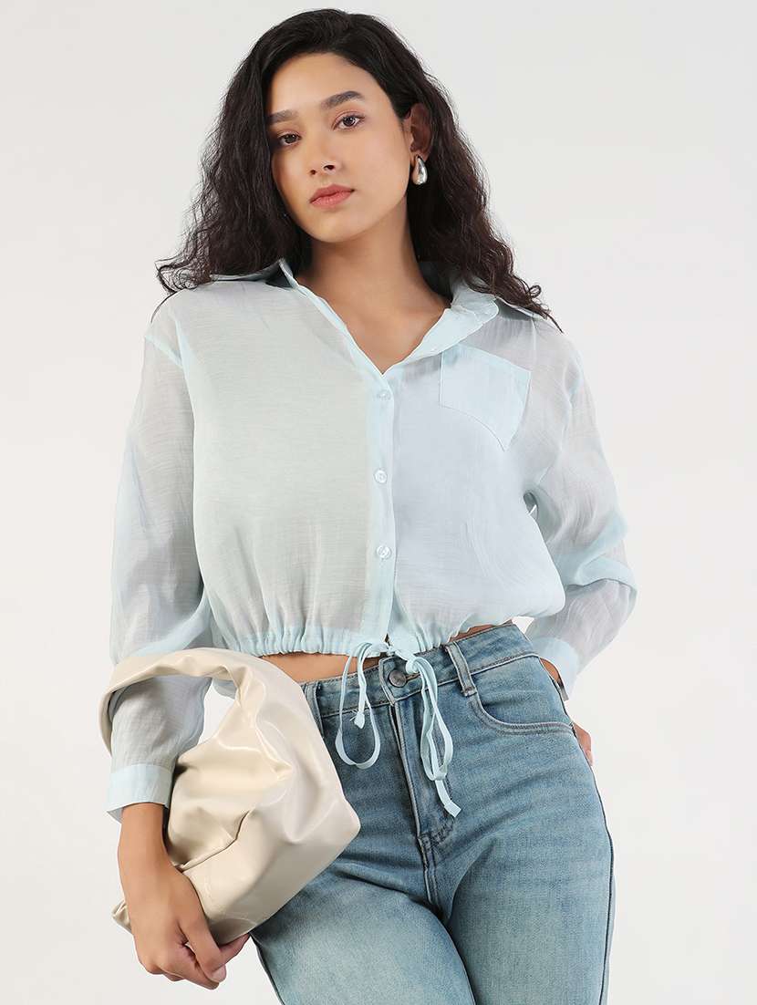 women solid collared long sleeves crop shirt