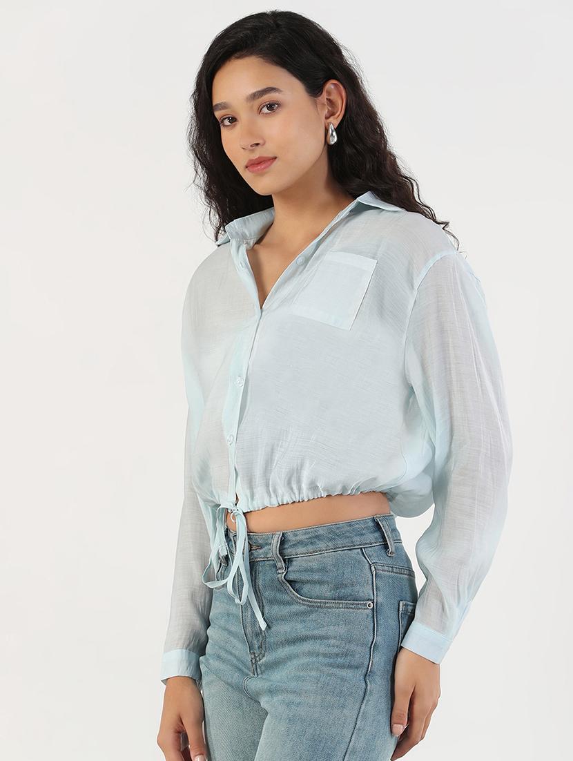 women solid collared long sleeves crop shirt - 21843110 - Standard Image - 2