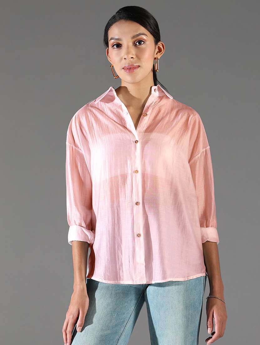 women collared long sleeves high-low shirt