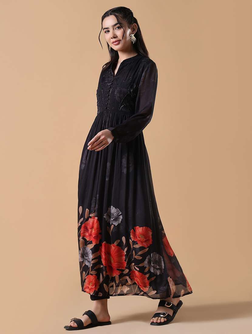 women black embroidered long sleeve flared kurta  - 21843124 -  Standard Image - 2