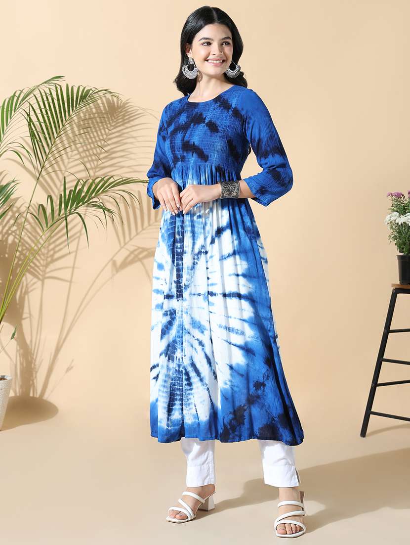 women tie & dye three quarter sleeve flared kurta - 21843125 -  Standard Image - 2