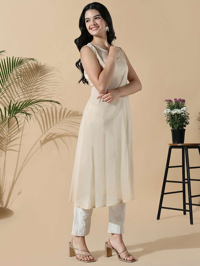 women beige embroidered long sleeve anarkali kurta - 21843134 -  Standard Image - 2