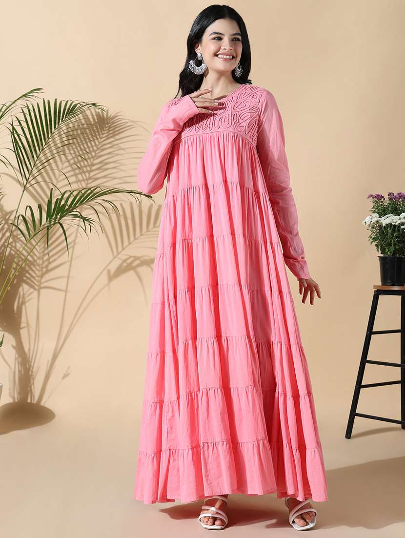 women pink embroidered long sleeve anarkali kurta