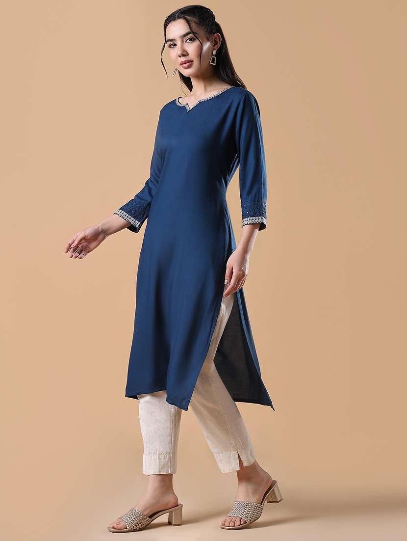 women three quarter sleeve straight kurta - 21843136 -  Standard Image - 2
