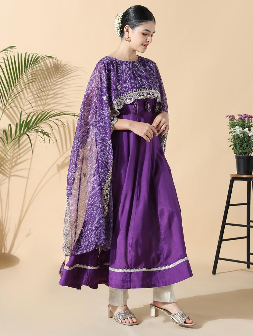 women purple solid cape sleeve flared kurta - 21843143 - Standard Image - 2