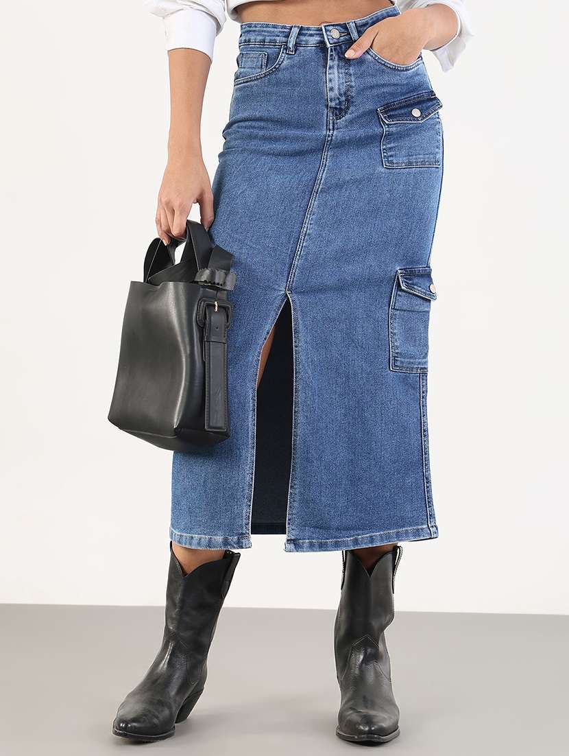 women solid high rise denim cargo skirt