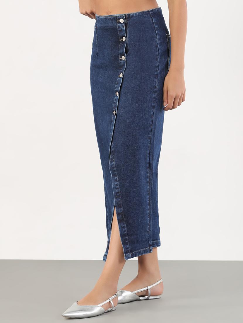 women solid high rise denim skirt - 21843164 - Standard Image - 2