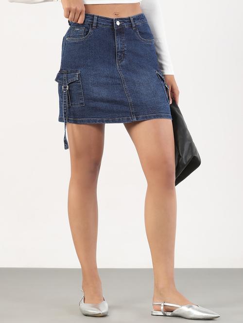 women solid mid rise denim cargo skirt - 21843165 - Standard Image - 0